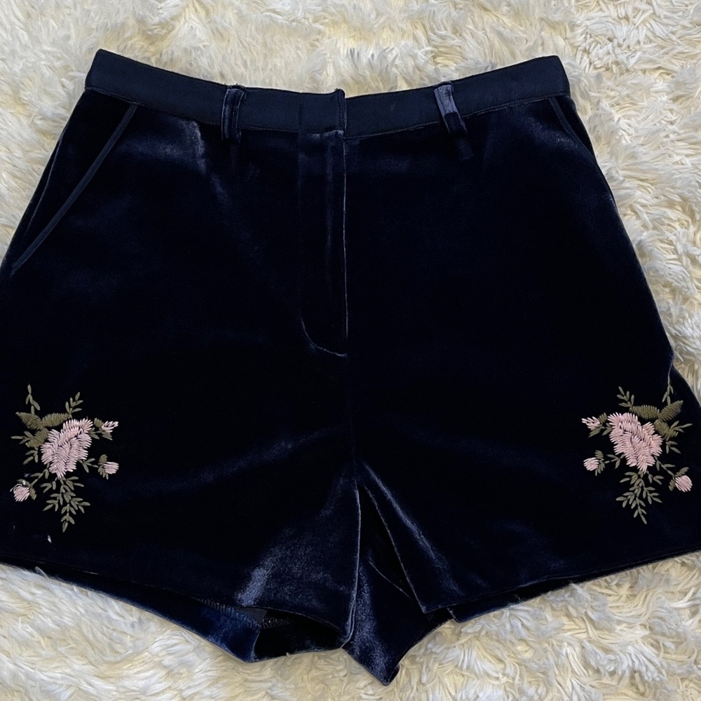 Lauren Conrad Runway Blue Velvet Shorts Floral Embroidered Coquette Boho Size 8 - Picture 7 of 13